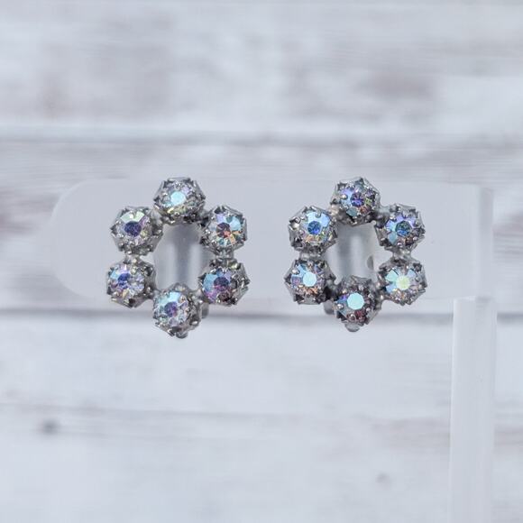 Vintage Clip On Earrings Dark Metal and Iridescent Gems - Picture 1 of 5